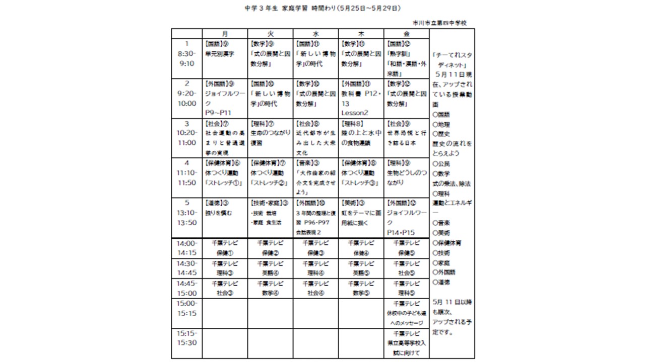 3年日課 市川市立第四中学校